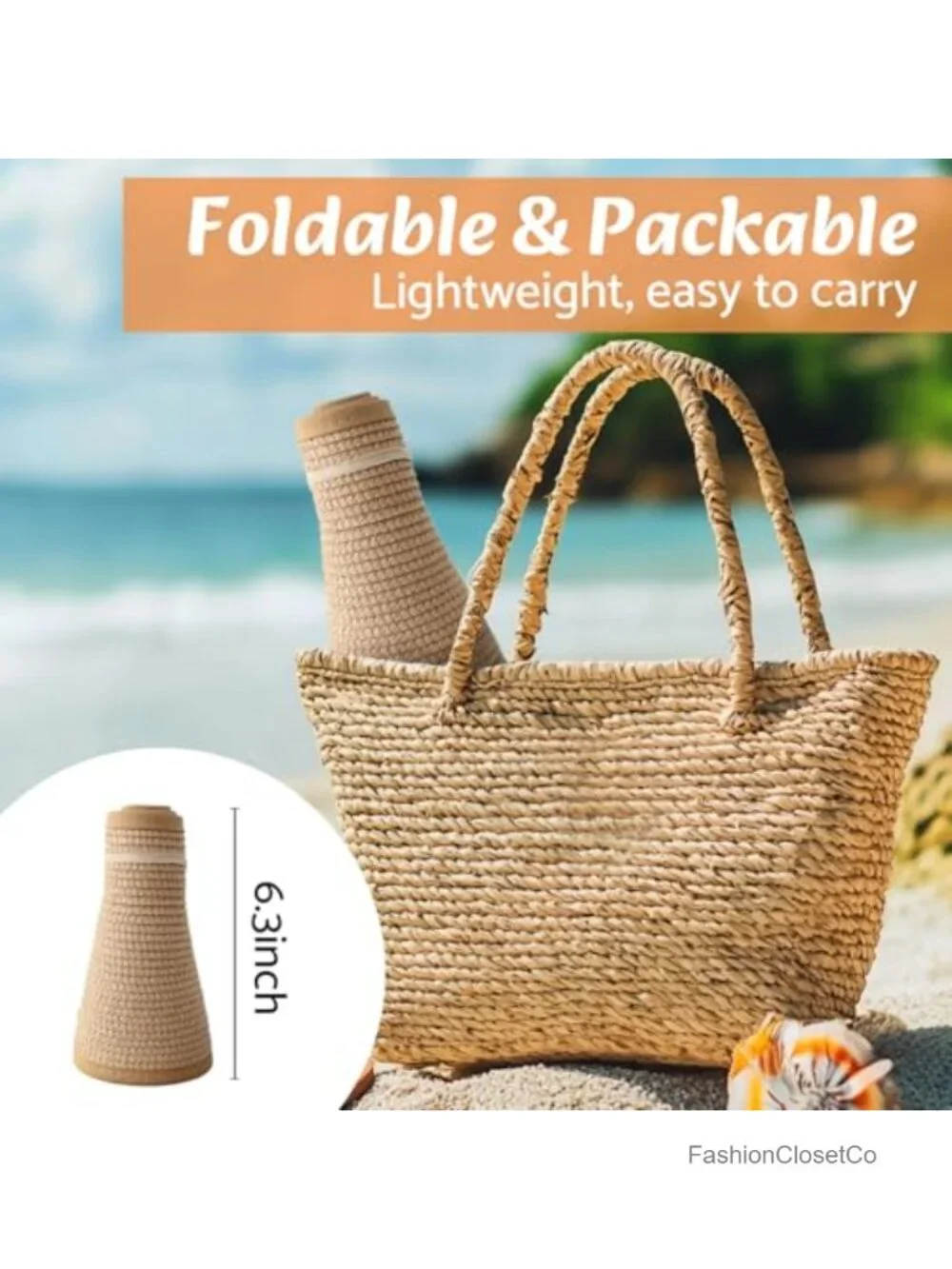 Wide Brim Straw Sun Hat with UPF 50+, Foldable & Packable Ponytail Beach Hat